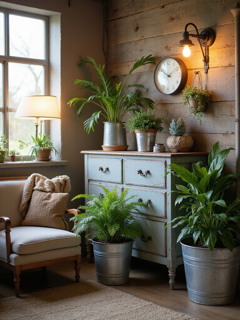 Rustic bedroom vignette featuring galvanized metal planters with indoor plants and warm wood textures