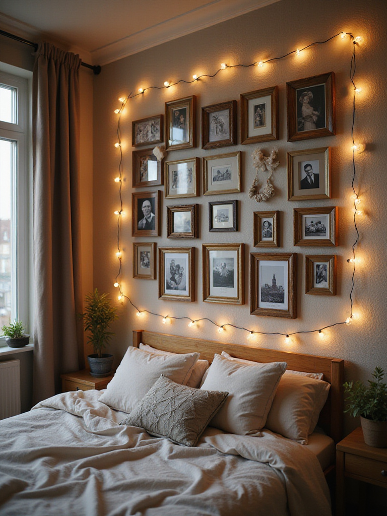Cozy bedroom corner with a gallery wall of personal photos and mementos illuminated by warm, soft lighting
