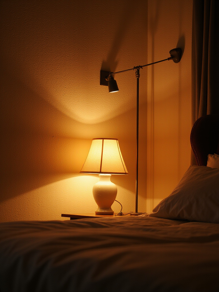 Cozy bedroom corner with strategically placed dimmable lamps casting soft warm ambient light