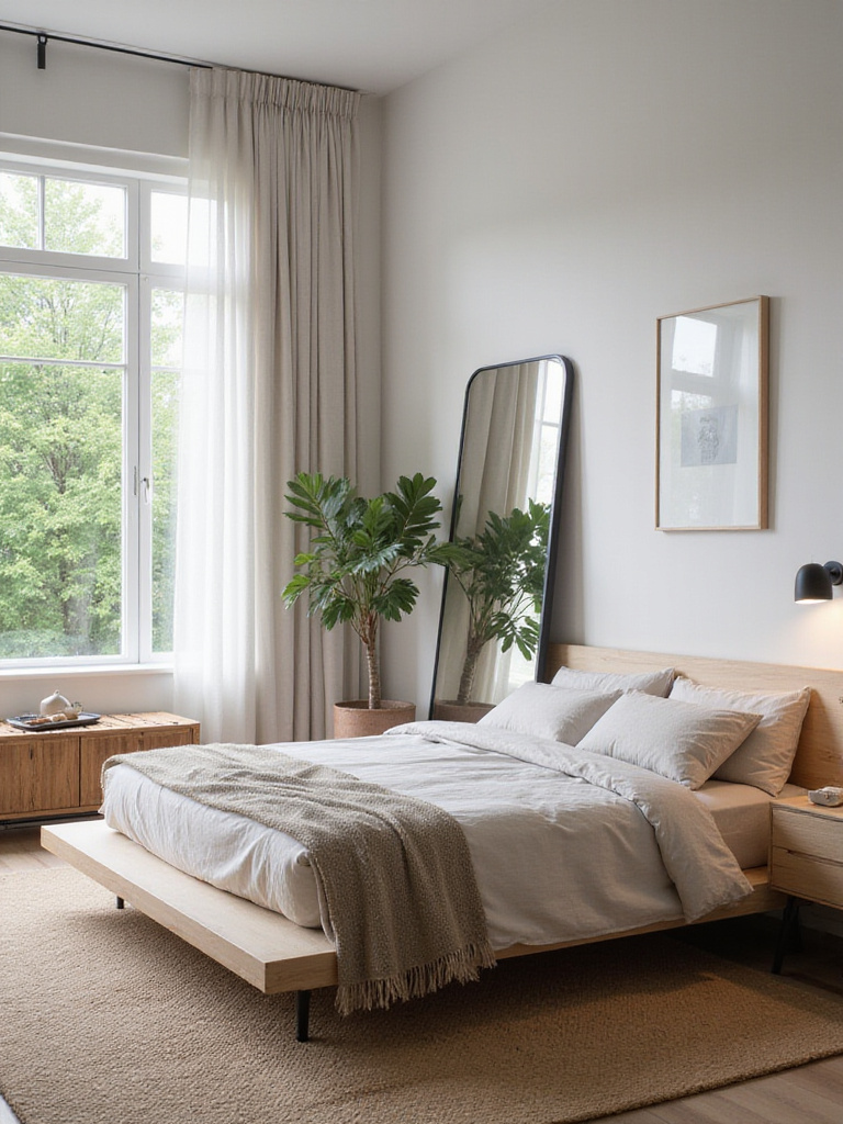 Modern bedroom with full-length mirror leaning opposite a window reflecting outdoor greenery, creating an expanded, airy feel.