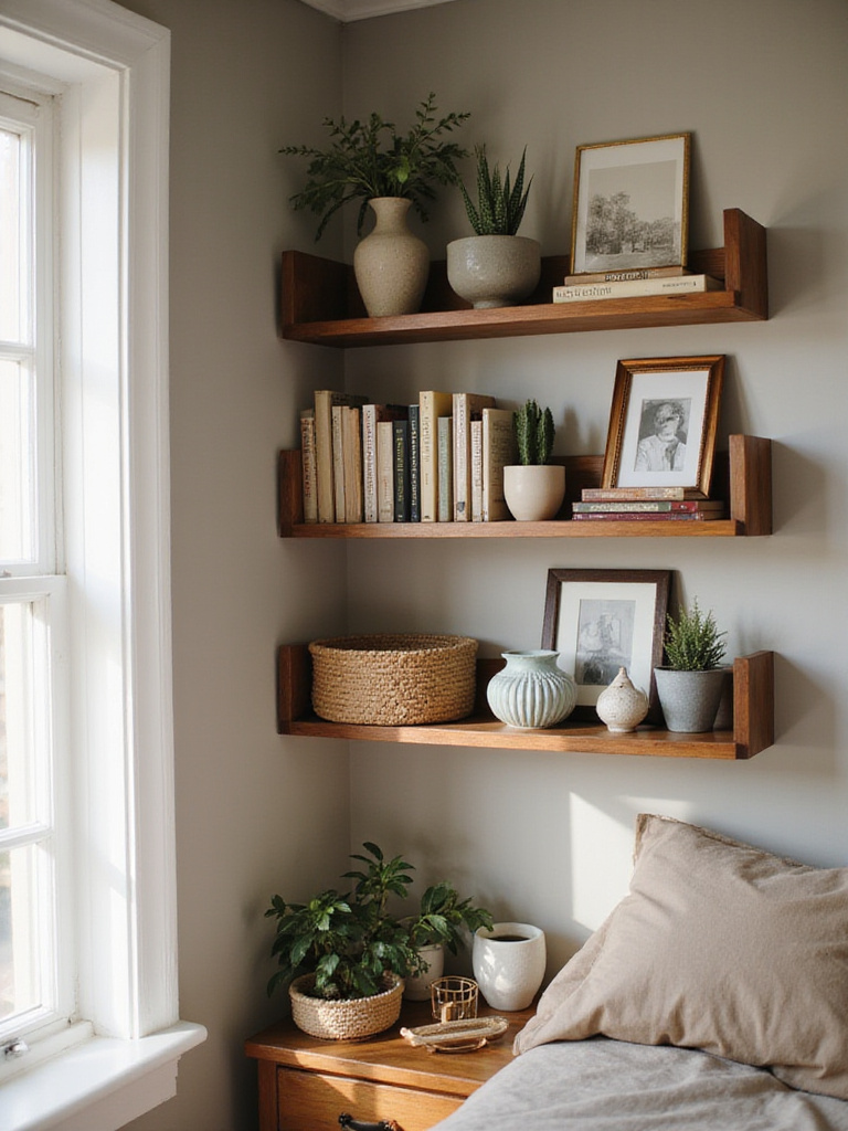 Cozy bedroom open shelves styled with curated personal items including books, plants, and vintage decor