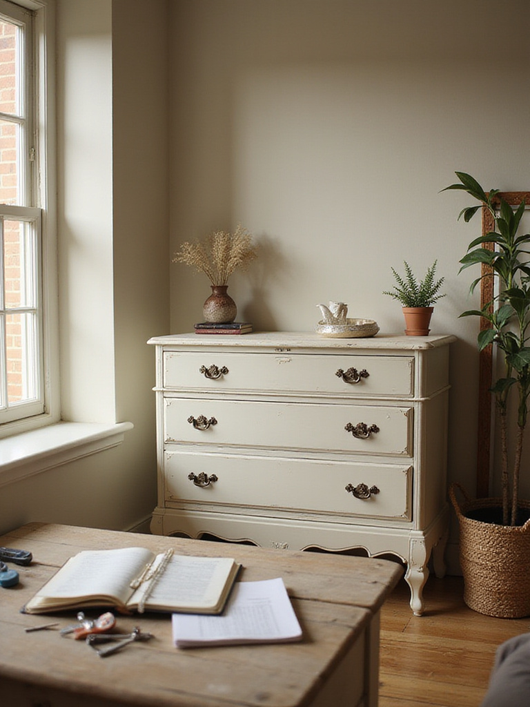 Cozy bedroom corner showing repurposed furniture and inventory notes with natural daylight and warm lighting