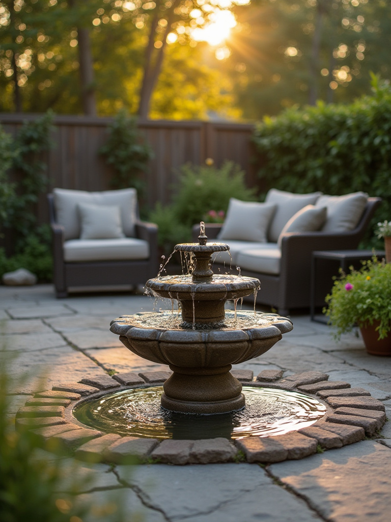 Backyard patio with a calming tiered stone water fountain surrounded by seating and plants, captured in warm late afternoon light