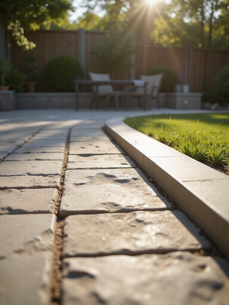 Close-up portrait photo of backyard patio with clean aluminum edging and natural stone pavers in warm afternoon light
