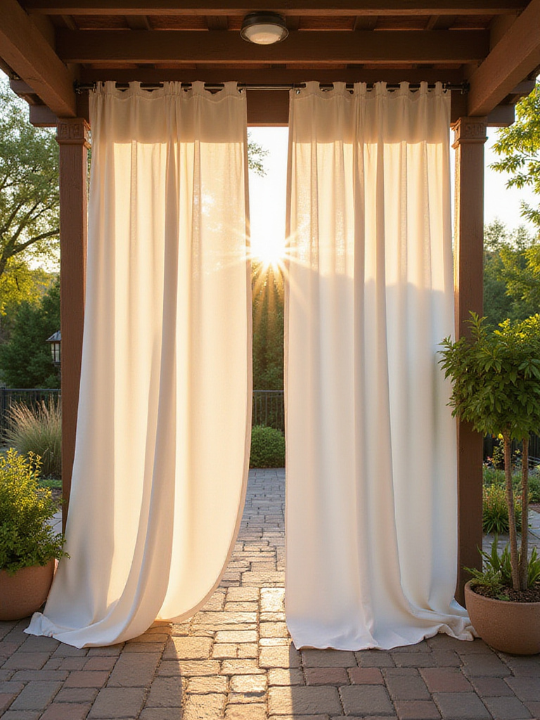 Decorative white outdoor curtains hanging around a pergola on a backyard patio creating privacy and softness