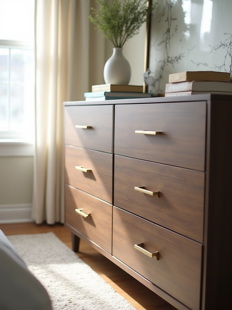 Modern dresser transformed with walnut contact paper and brushed gold hardware in a cozy bedroom