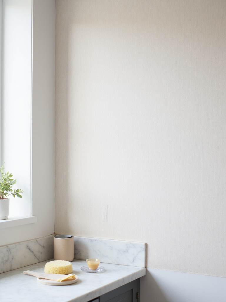 Portrait view of a modern kitchen wallpaper wall with smoothing tools and a near-perfect finish
