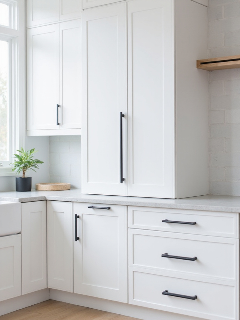 Vertical portrait of modern kitchen wall featuring matte black cabinet hardware on white cabinetry