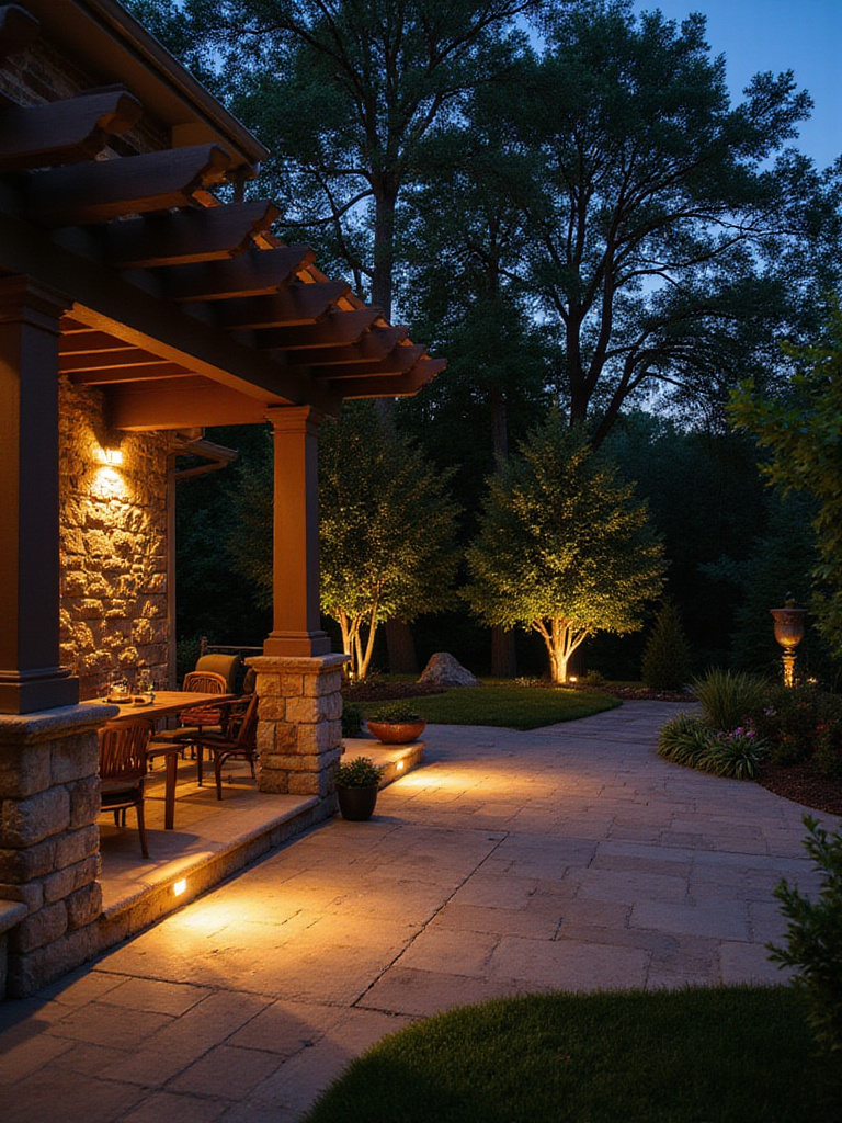 Backyard patio featuring warm uplighting highlighting stone columns and mature trees at dusk, creating a cozy and elegant outdoor ambiance