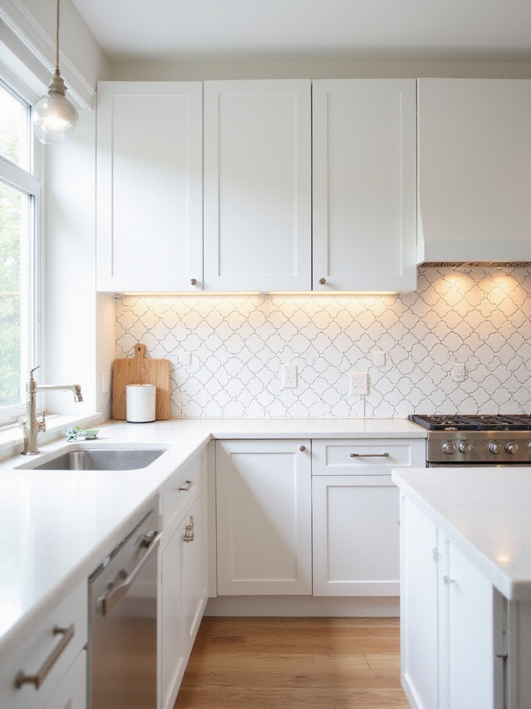 Vertical kitchen backsplash with white tiles and dark contrasting grout outlining tile shapes and patterns.
