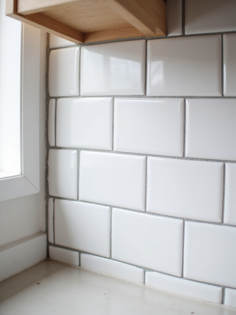 Close-up portrait of kitchen backsplash with contrasting dark grout highlighting tile pattern