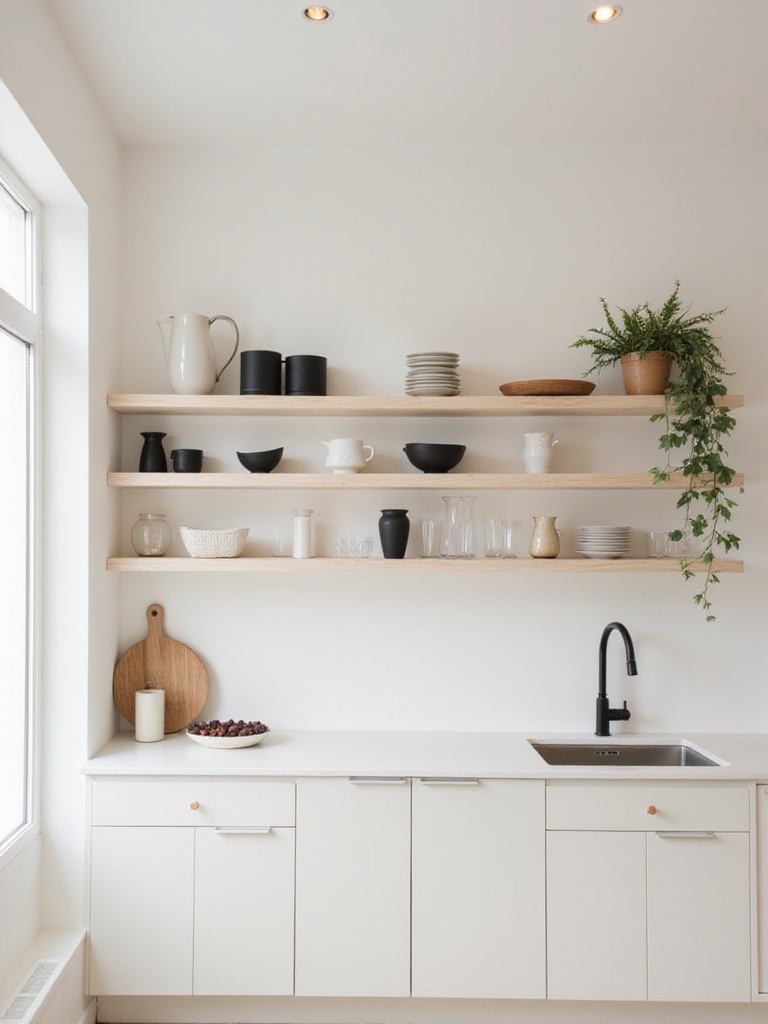 Vertical photo of a modern kitchen with open shelves displaying curated minimalist ceramics, glassware, and a small plant.
