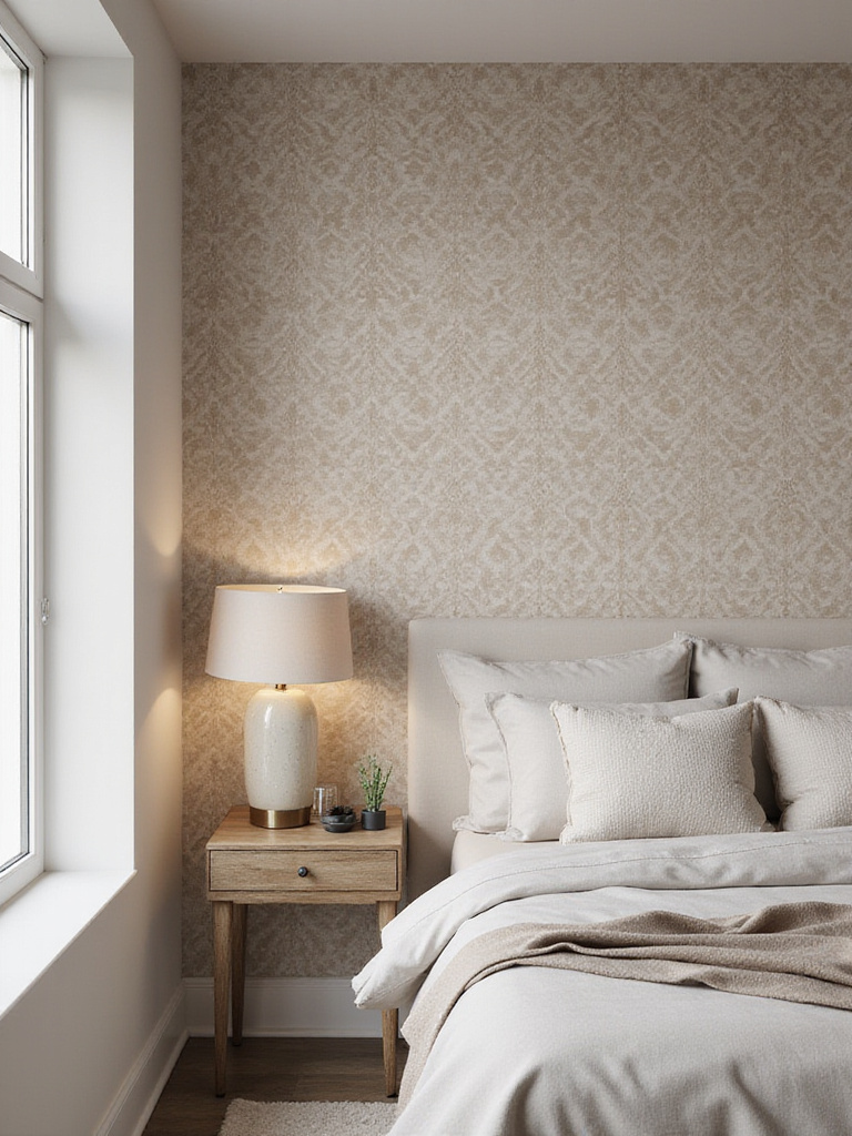 Modern bedroom with a full accent wall covered in stylish removable wallpaper featuring geometric patterns