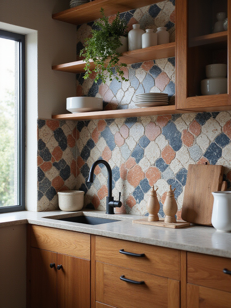 Portrait of a modern kitchen featuring a bold cement tile backsplash with geometric pattern and warm wood cabinetry.