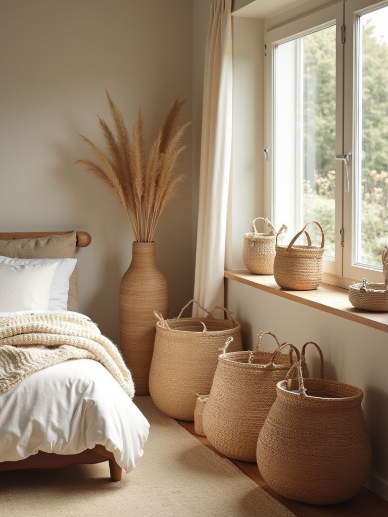 Vertical rustic bedroom scene with woven baskets used for discreet storage, no people, warm natural light.