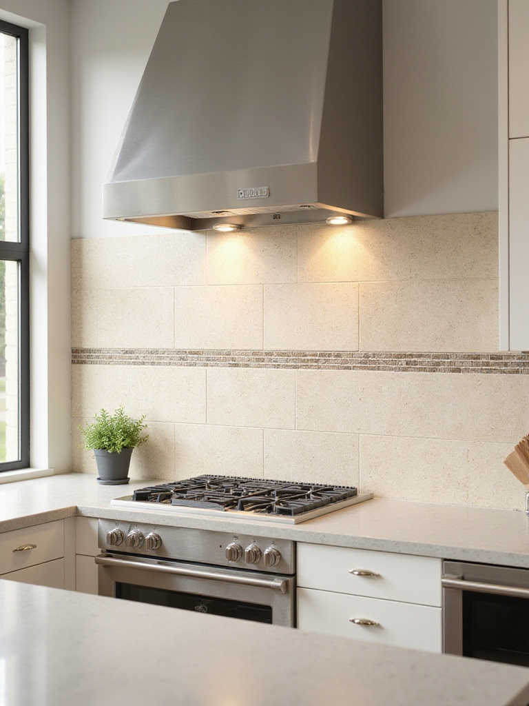 Portrait of a kitchen backsplash with varied tile sizes creating layered texture