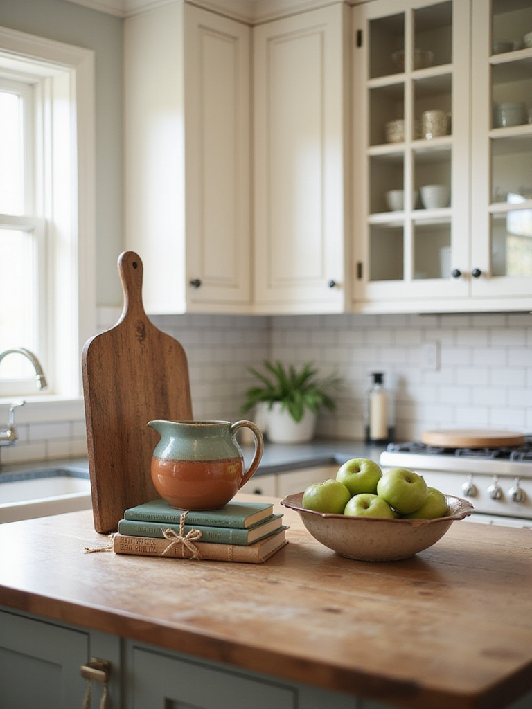 A traditional kitchen island with carefully arranged decorative accents like a vintage wooden cutting board, ceramic pitchers, classic cookbooks, and a bowl of fresh fruit, adding warmth and personality.