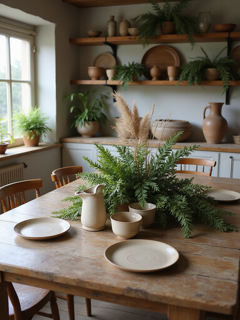Rustic dining room with foliage and stoneware accents