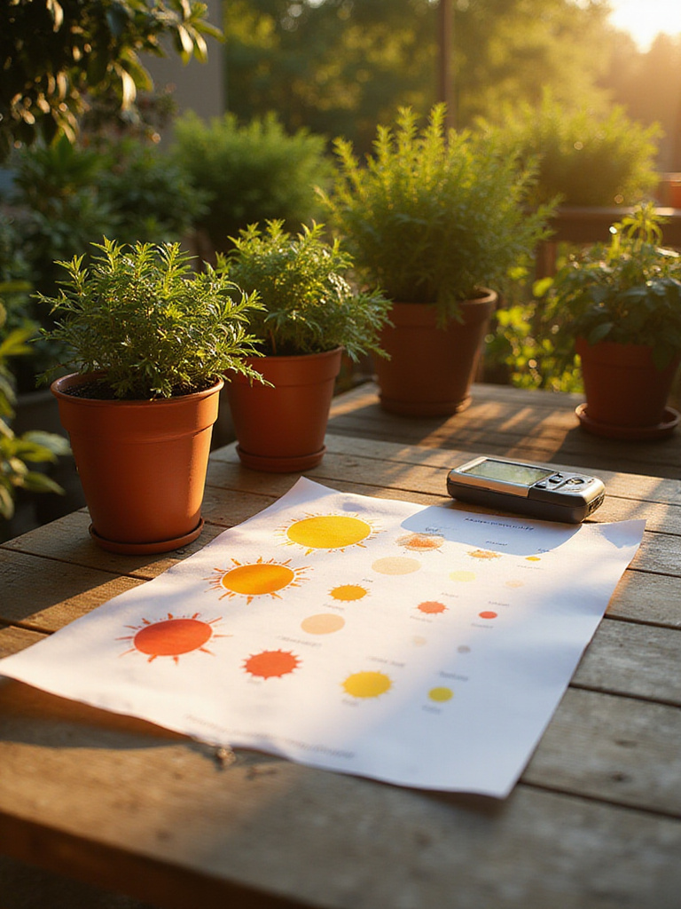 Portrait-style patio scene with sun map and light meter on a table among potted plants under warm light.