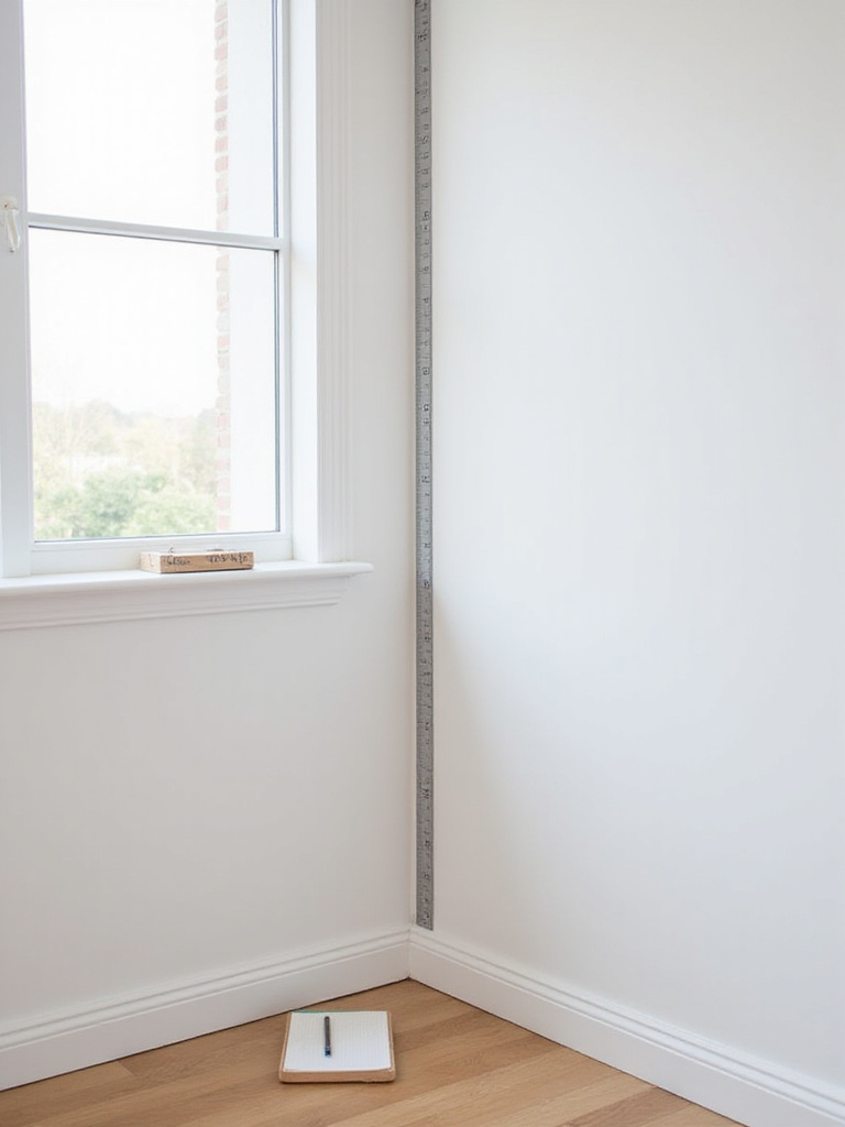 A clean bedroom wall being meticulously measured for wallpaper installation, showing a measuring tape along a pristine, untextured wall. A notepad and pencil rest on the wooden floor, emphasizing the precision of wallpaper measurement for a perfect fit and professional result.
