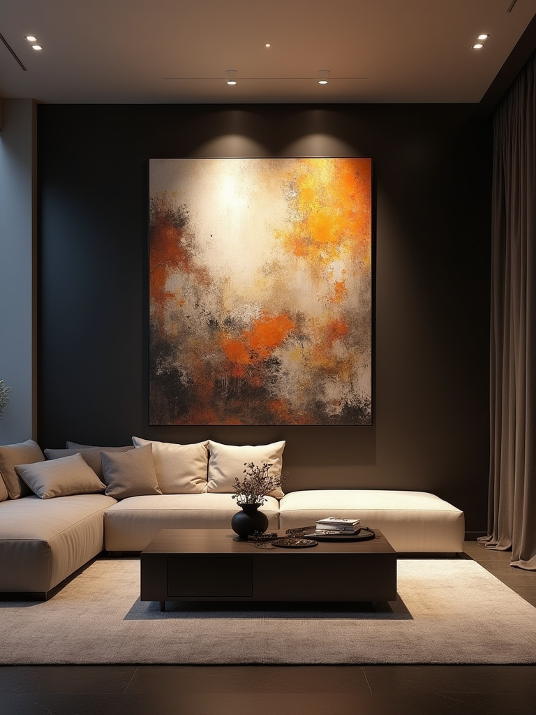 A modern living room with a large, framed abstract painting on a dark accent wall, brilliantly illuminated by focused recessed LED accent lights.