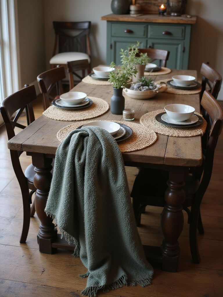 Cozy rustic dining room with throws on chairs and textured textiles