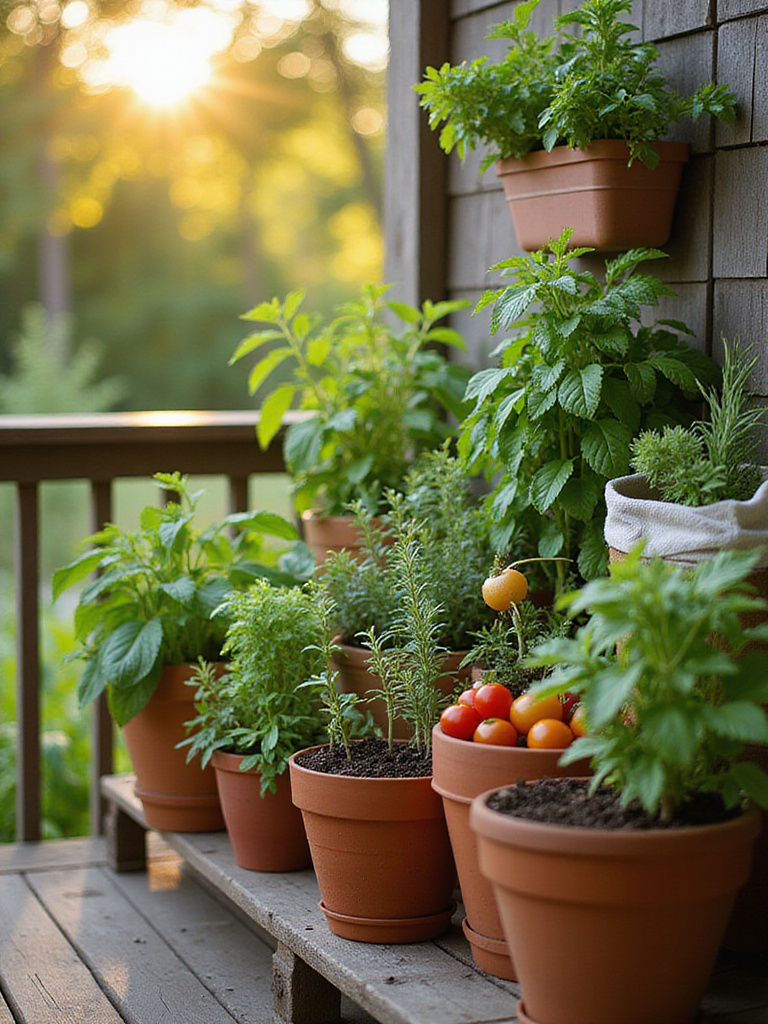 Vertical patio garden with containers of edible herbs and vegetables in sunlit arrangement