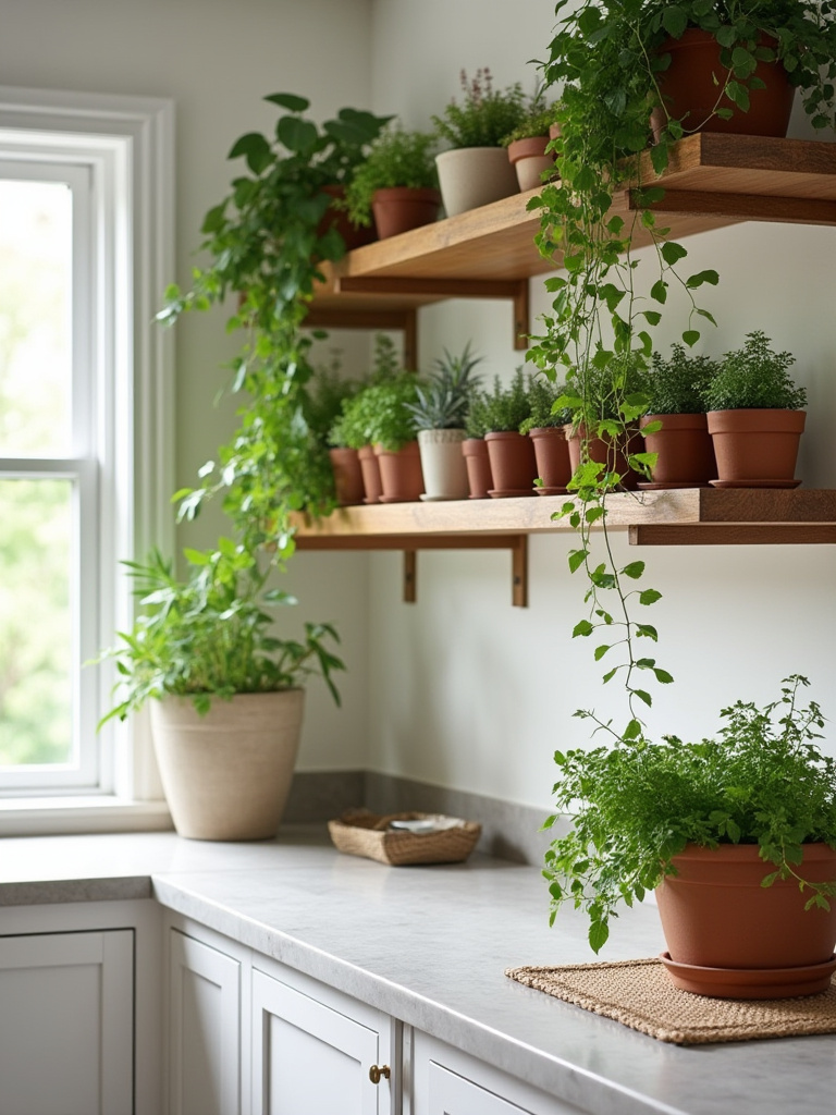 A modern kitchen softened with vibrant green plants on open wooden shelves, natural stone countertops, and a subtle woven basket, reflecting a tranquil and inviting atmosphere.