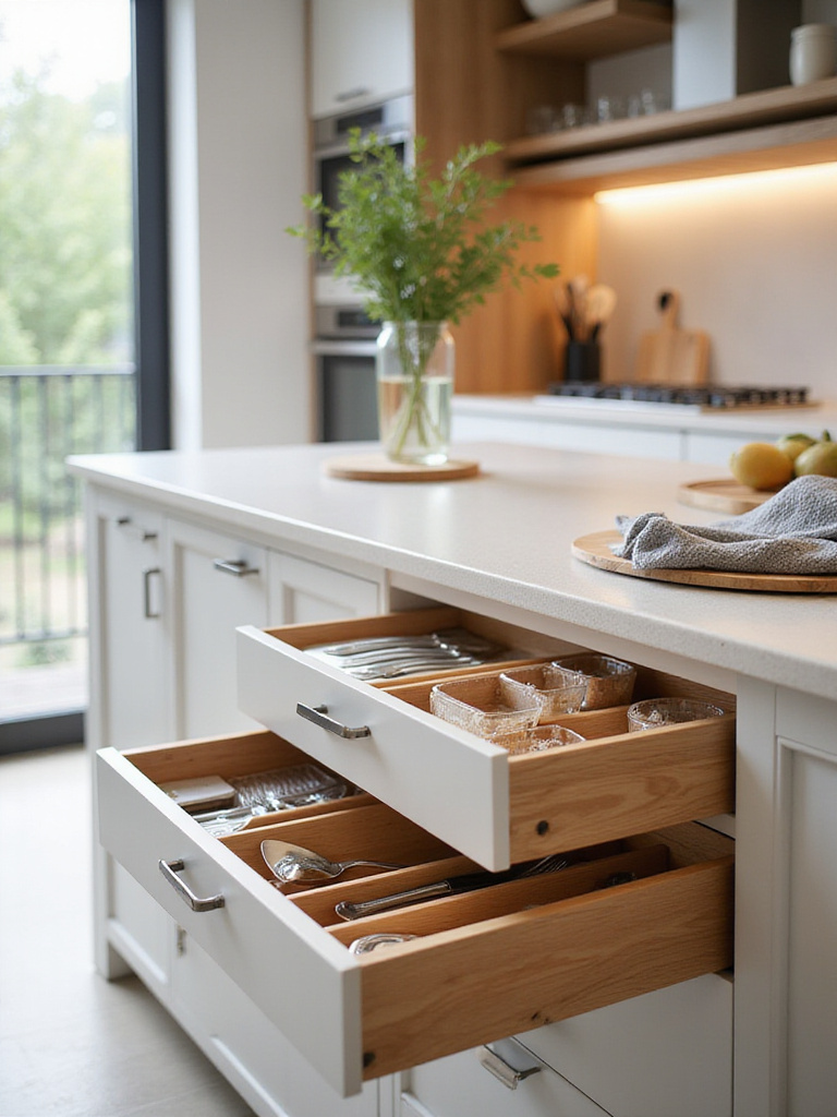 Organized kitchen island drawers with smart storage inserts and modular dividers