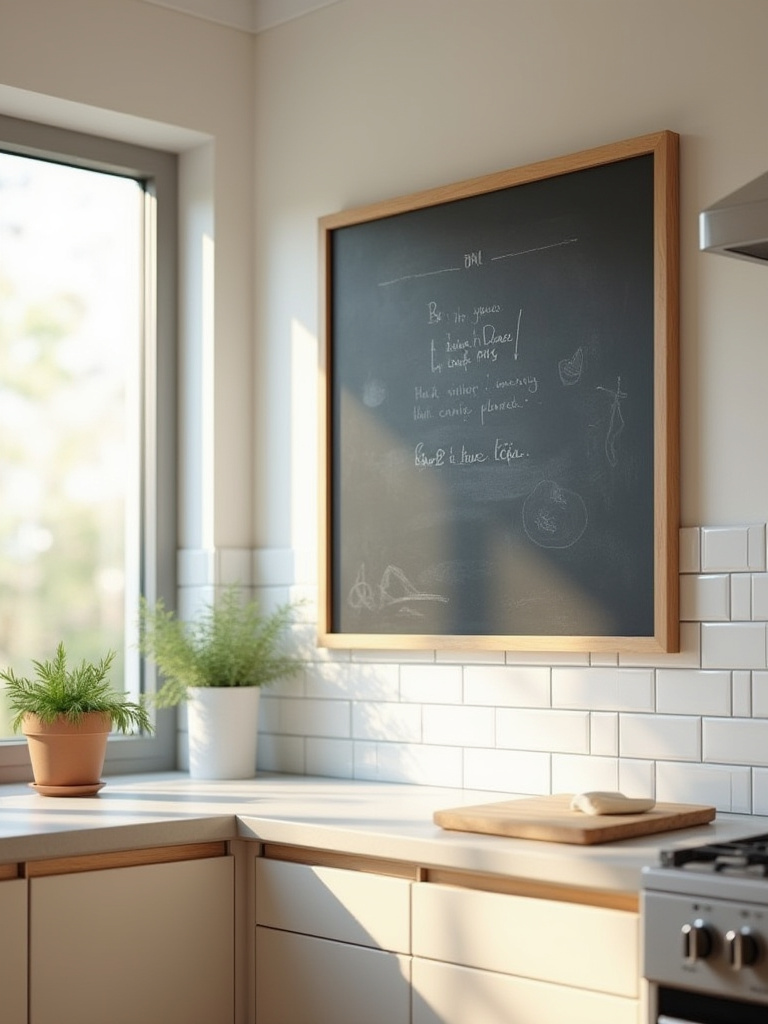 Portrait of a modern kitchen wall with a chalkboard or whiteboard for dynamic messaging