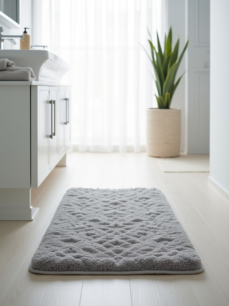 Plush gray bath mat in a modern bathroom, adding comfort and slip-resistance near a white vanity.