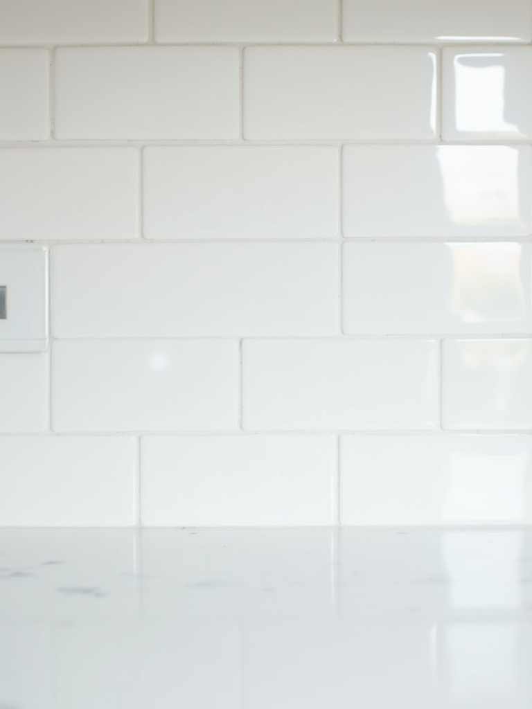 Close-up of sparkling clean kitchen subway tiles and pristine grout, reflecting light, illustrating kitchen tile maintenance.