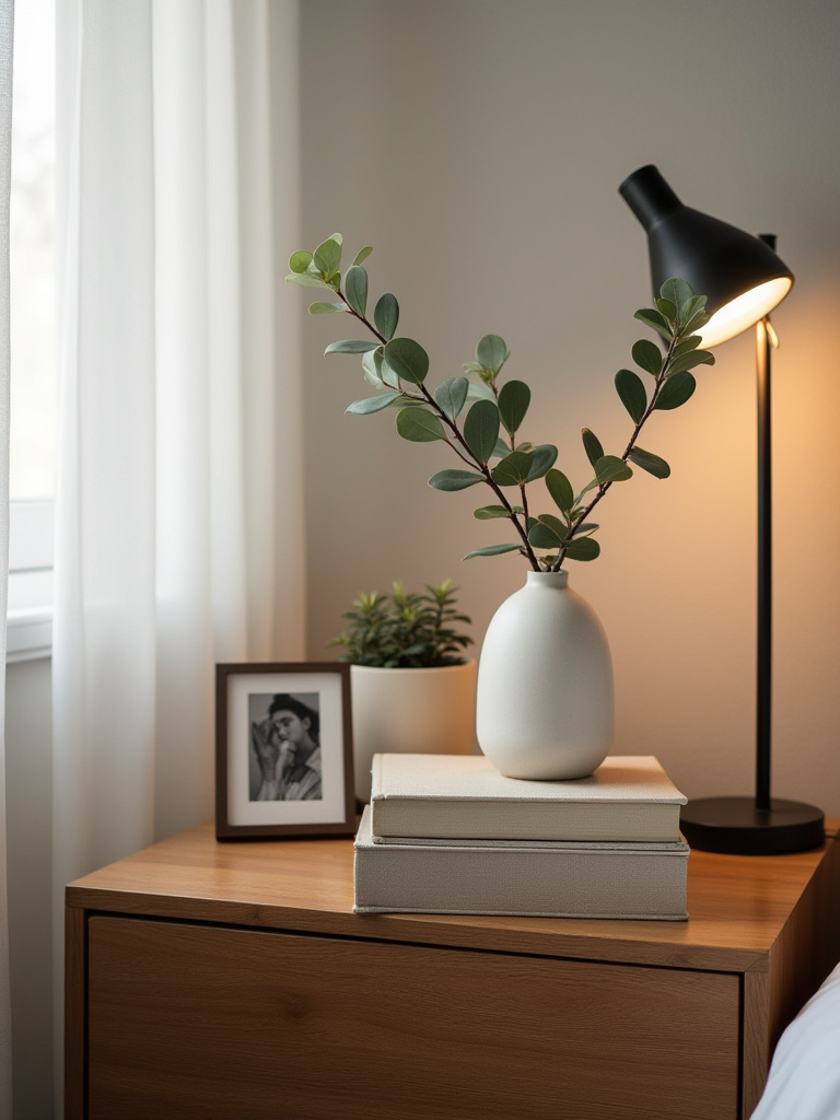 Bedroom nightstand elegantly styled with a stack of books, a small potted succulent, a framed photo, and a reading lamp, creating a cozy and thoughtful decor vignette.