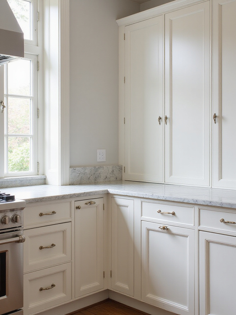 A close-up view of elegant off-white shaker cabinetry, a pristine marble countertop, and a glimpse of a professional-grade range in a traditional kitchen, symbolizing smart budgeting and quality investment choices.