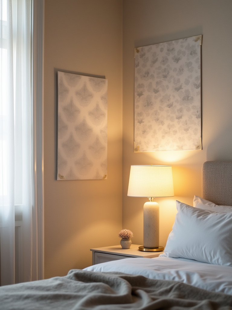 Two wallpaper samples taped to bedroom walls, one illuminated by natural light from a window and the other by a warm table lamp, showcasing the effect of different lighting on wallpaper color perception.