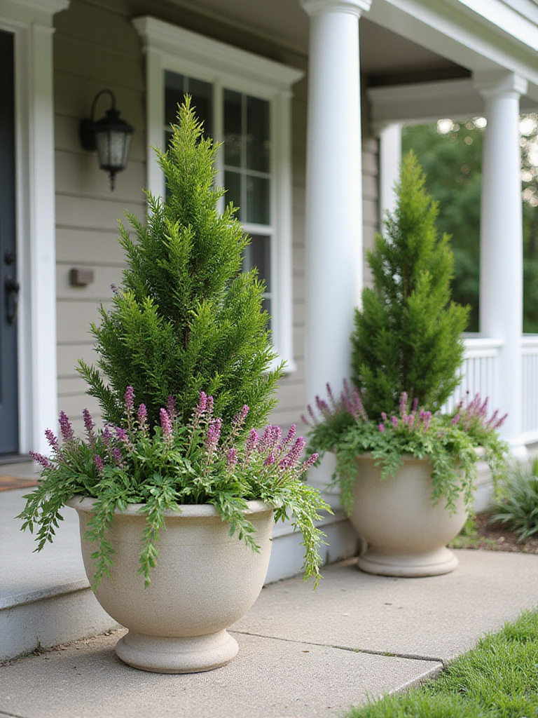 Vertical front yard container garden with thriller, filler, spiller arrangement on porch
