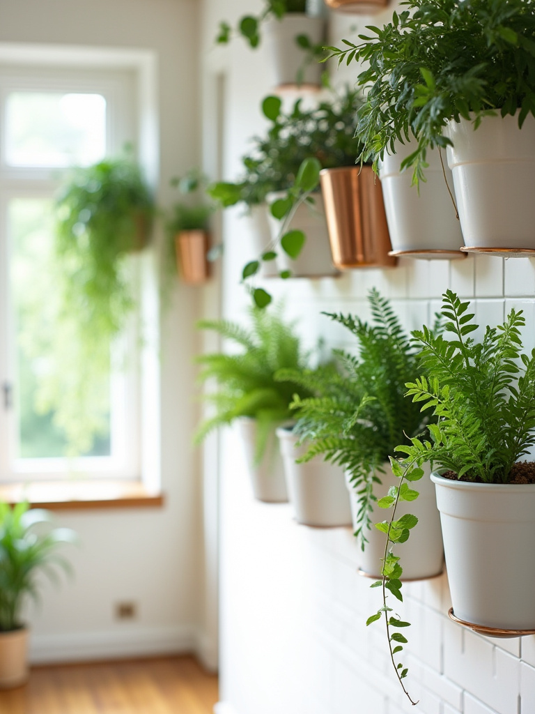 Kitchen wall greenery display with live and faux plants
