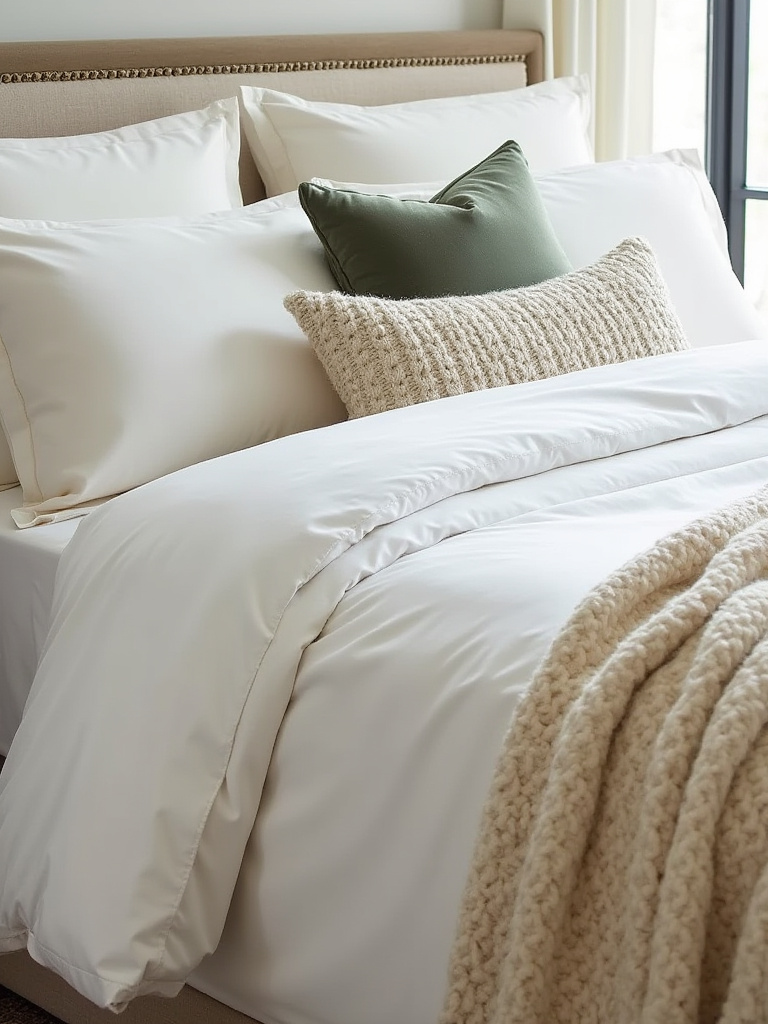 Bedroom with layered throws and pillows creating depth and texture on a bed, promoting a cozy atmosphere.