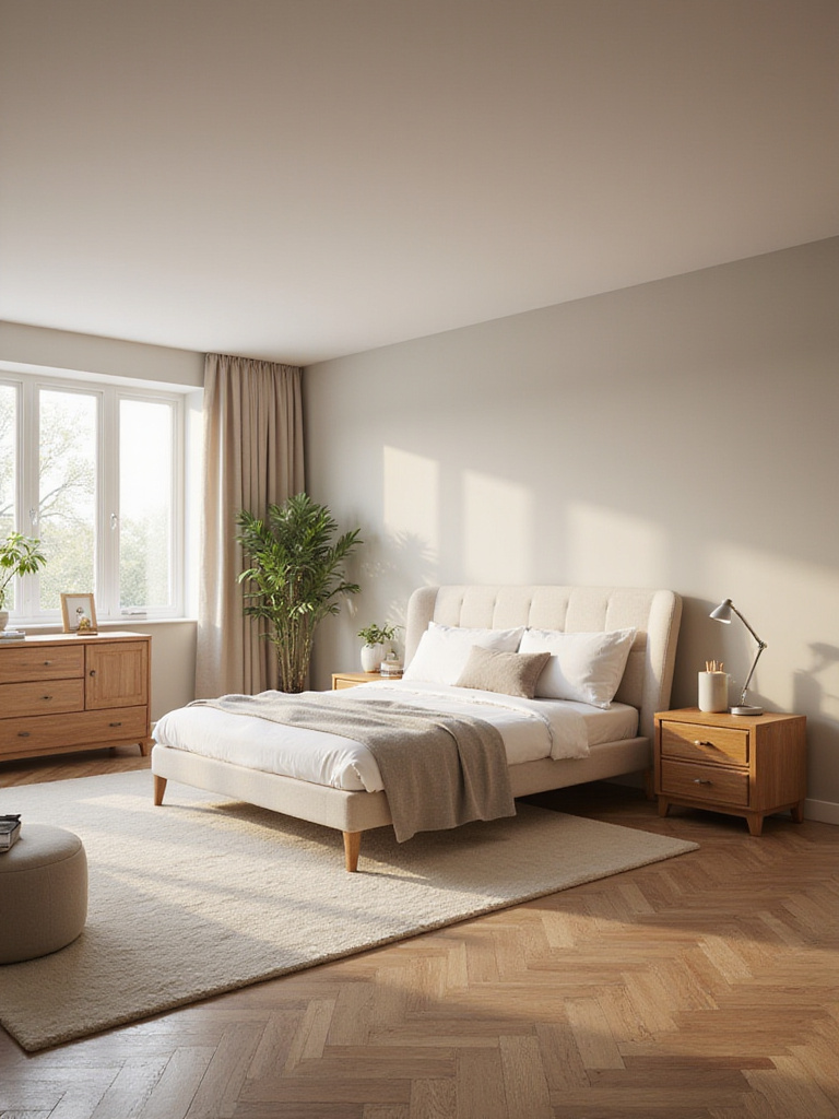 Well-organized bedroom with bed on the longest wall and clear pathways