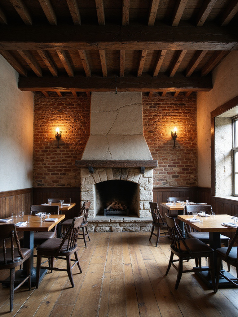 Portrait view of a rustic dining room highlighting exposed brick, timber beams, stone fireplace, and original hardwood floors.