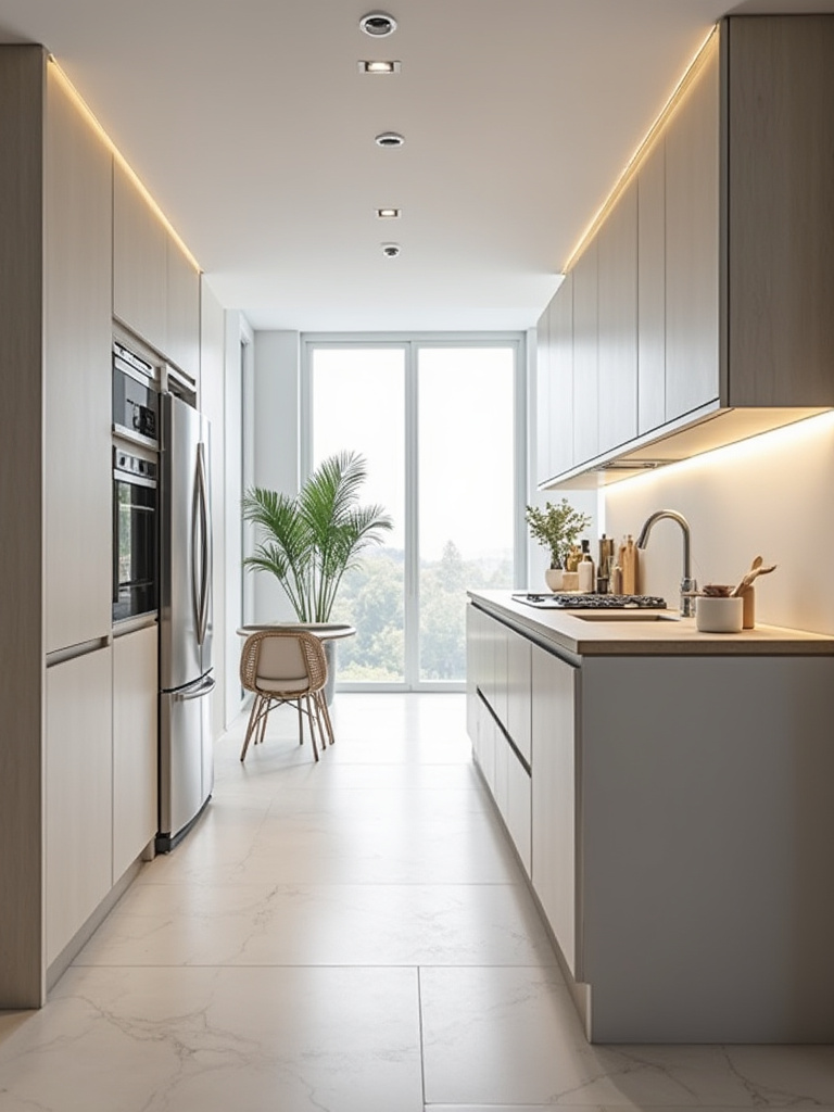 Portrait view of a compact kitchen layout being assessed for obstructions and flow, no people, clean and modern.