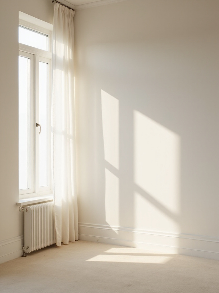 An empty, bright bedroom with natural light highlighting architectural features and casting soft shadows, illustrating the initial assessment of room dimensions and light for wallpaper design.