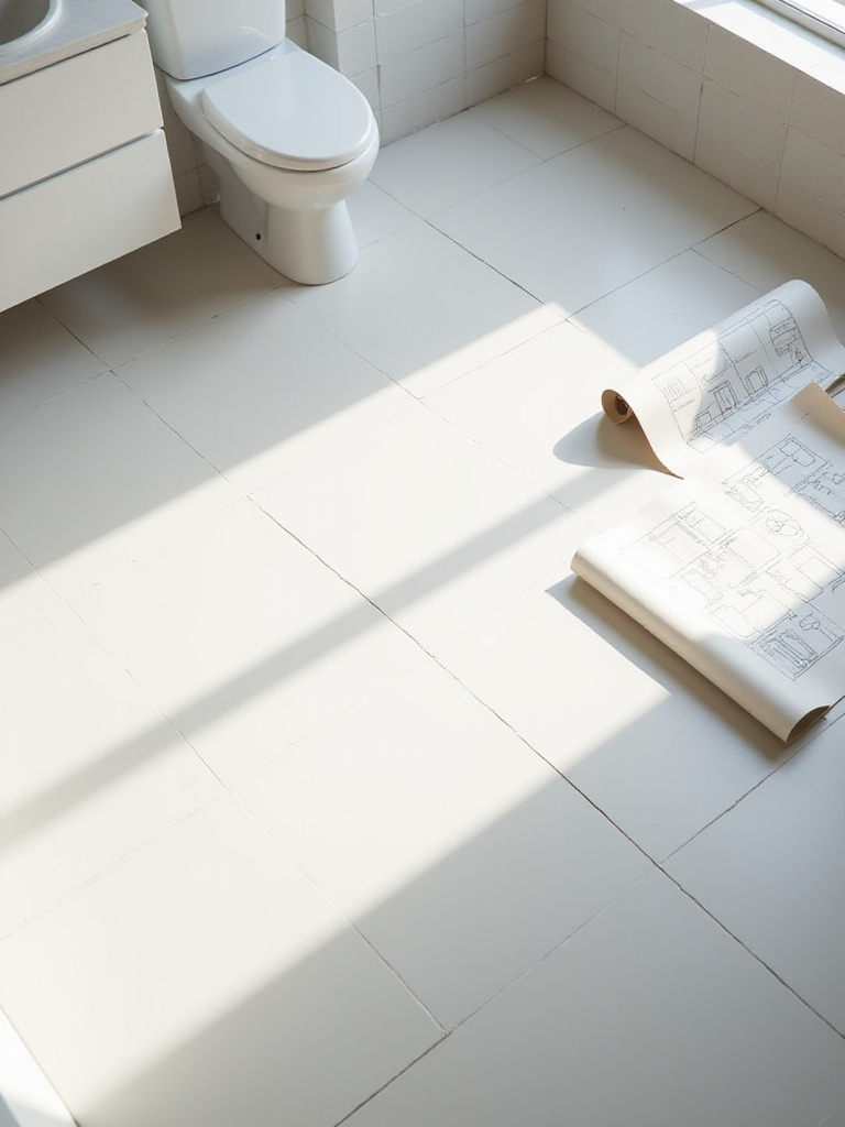 Overhead view of a minimalist bathroom floor plan, with soft shadows outlining areas for fixtures, symbolizing strategic bathroom layout assessment before placing accessories.