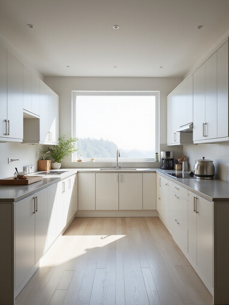 A pristine, contemporary kitchen interior with empty, polished countertops and minimalist closed cabinets, bathed in natural light, symbolizing a comprehensive assessment.