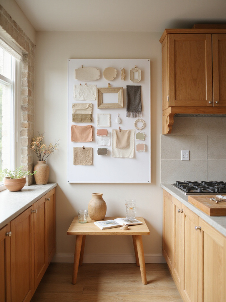 Portrait view of a kitchen wall planning setup with mood board and color swatches