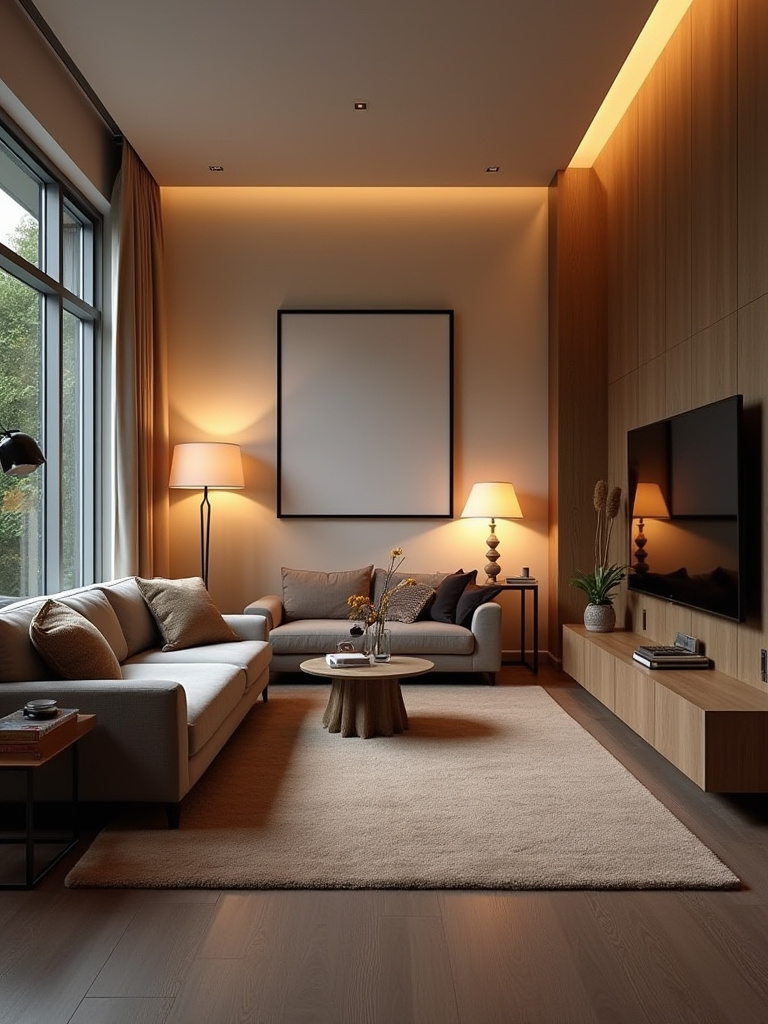 Styled living room demonstrating various lighting zones for different functional needs, featuring floor lamps, wall sconces, and ambient lighting, all designed to highlight how to assess living room lighting.
