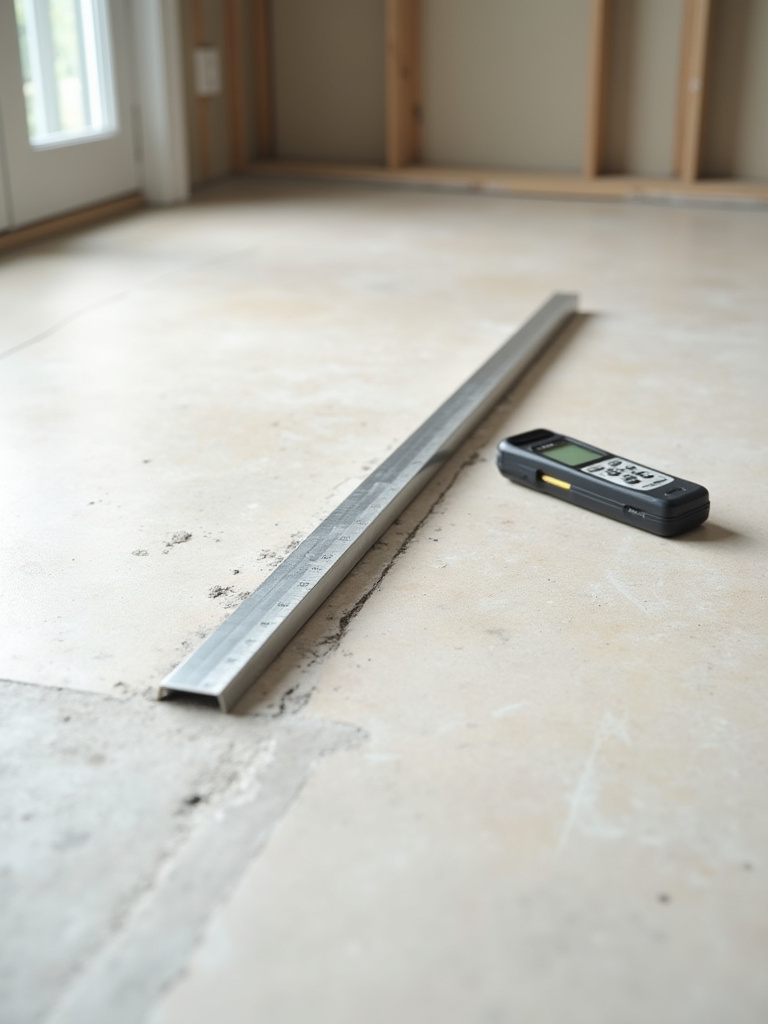 Straightedge and moisture meter assessing a pristine subfloor for kitchen tile installation.