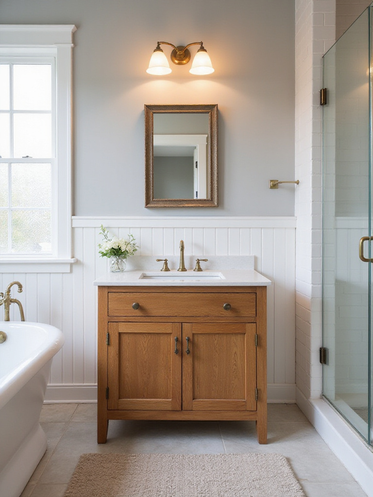 Portrait view of a farmhouse bathroom vanity in a well-lit, open-layout space.