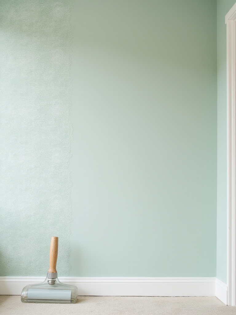 A perfectly half-wallpapered and half-primed bedroom wall section, showcasing proper preparation and flawless wallpaper application to avoid common pitfalls and ensure longevity.