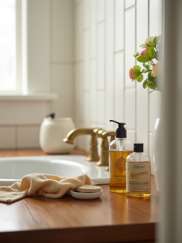 Wood vanity surfaces care and cleaning in farmhouse bathroom